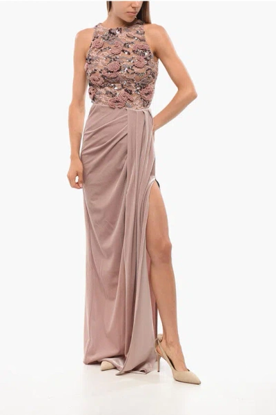 Elisabetta Franchi Embroidered Maxidress With Velour Skirt In Brown