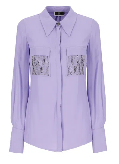 Elisabetta Franchi Embroidered Pocket Georgette Blouse In Purple