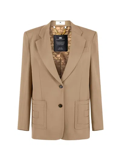 Elisabetta Franchi Single-breasted Gabardine Blazer With Embroidered Pockets Clothing In Neutral
