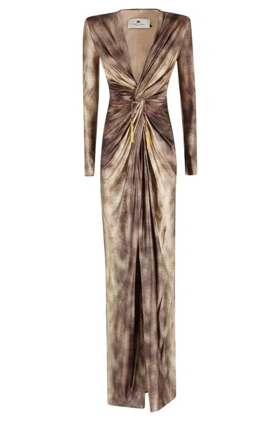 Elisabetta Franchi Emerald Python Print Deep V-neck Evening Dress In Multi