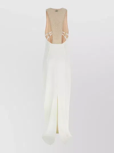 Elisabetta Franchi Evening Gown Sheer Mesh Sleeveless Design In White