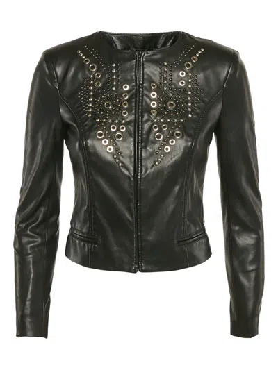 Pre-owned Elisabetta Franchi Eyelet-embellished Leather Jacket In Black
