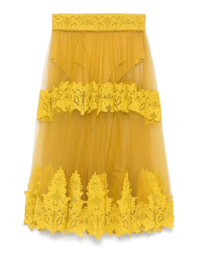 Elisabetta Franchi Ochre Yellow Midi Skirt With Lace Panels
