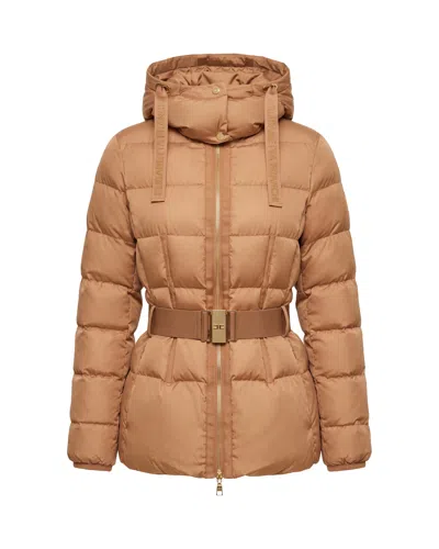 Elisabetta Franchi Fallow Belted Grosgrain Trim Down Jacket In Brown