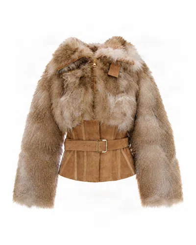 Elisabetta Franchi Faux Fur Hooded Belted Coat In Daino