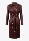 Elisabetta Franchi Bordeaux Double-breasted Trench Coat With Glossy Finish In Brown