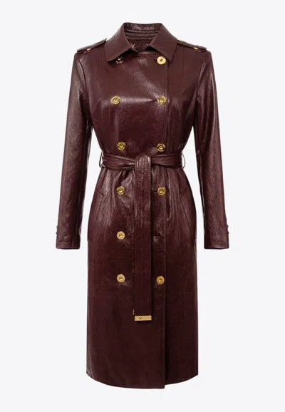 Elisabetta Franchi Bordeaux Double-breasted Trench Coat With Glossy Finish In Brown