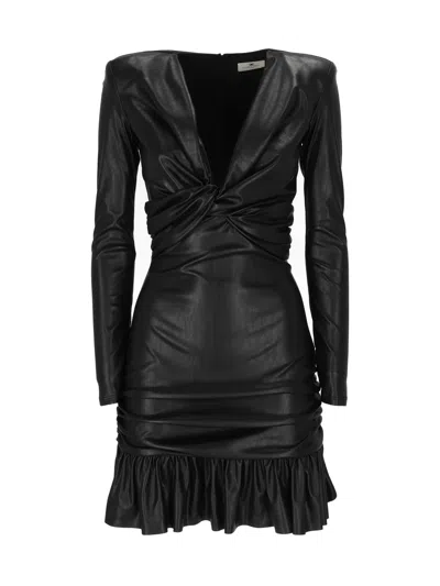 Elisabetta Franchi Faux Leather Mini Dress With Twisted Knot Detail In Black