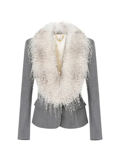 Elisabetta Franchi Faux-fur Collar Blazer In Grey