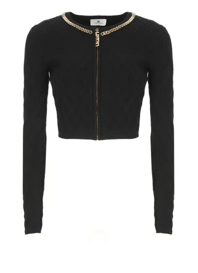 Elisabetta Franchi Fitted Black Cardigan With Gold Chain Detailing