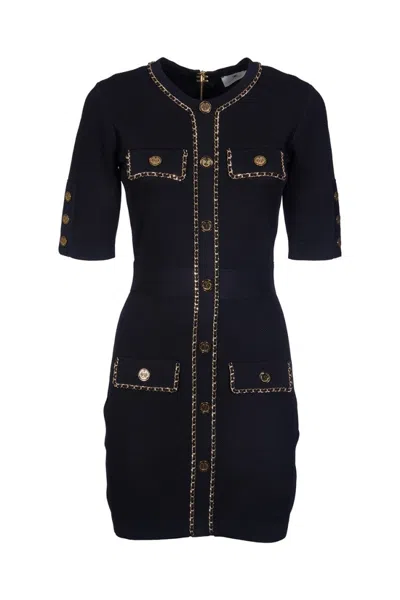 ELISABETTA FRANCHI FITTED BLACK MINI DRESS WITH BUTTON-DOWN FRONT AND GOLD-CHAIN DETAILING