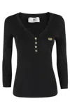 Elisabetta Franchi Fitted Black Ribbed Top In Black