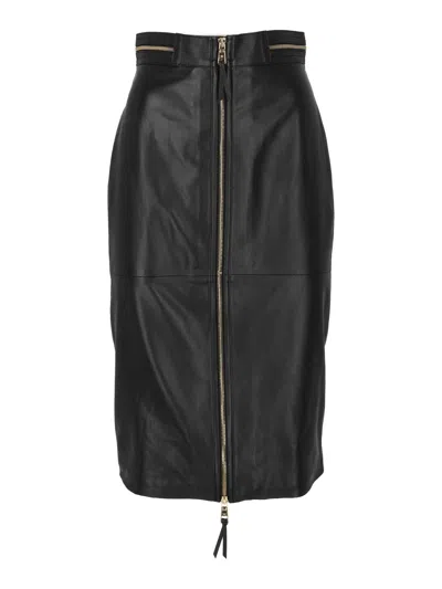 Elisabetta Franchi Fitted Black Sheepskin Leather Skirt With Front Zipper