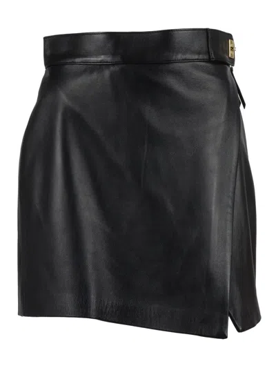 ELISABETTA FRANCHI FITTED BLACK SHEEPSKIN SKIRT WITH SUBTLE WRAP DESIGN