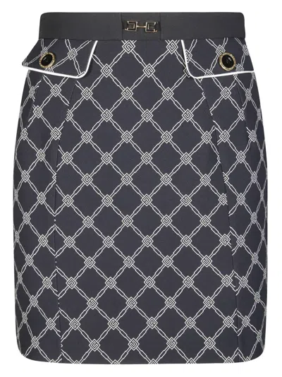 Elisabetta Franchi Fitted Black Skirt With Geometric Pattern In Blue