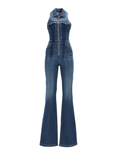 Elisabetta Franchi Fitted Bodice Ruched Denim Jumpsuit In Multi