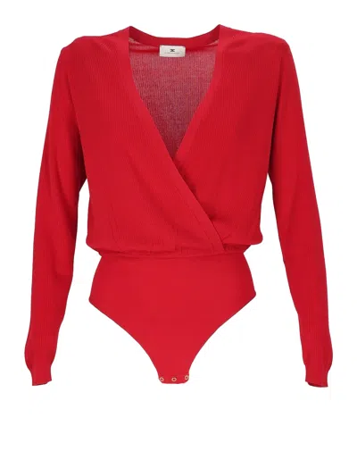 Elisabetta Franchi Fitted Bodysuit With Deep V-neckline And Wrap Front In Red