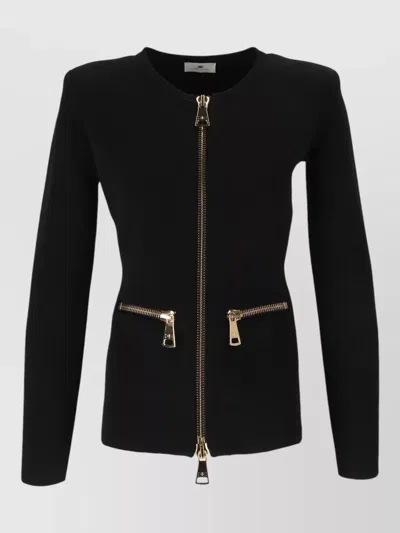 Elisabetta Franchi Fitted Long Sleeve Sweater With Metallic Zip Details In Black