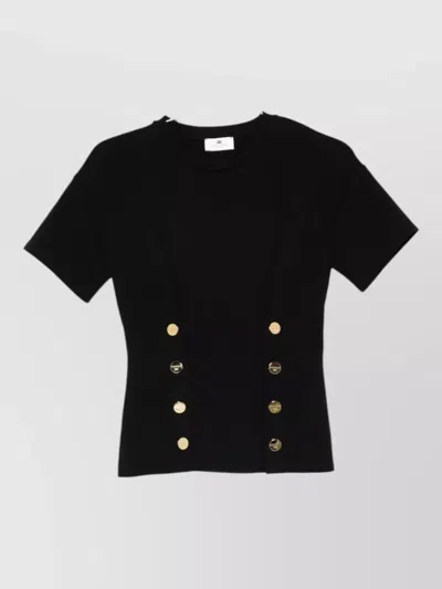 Elisabetta Franchi Fitted Cotton T Shirt Gold Button Detail In Black