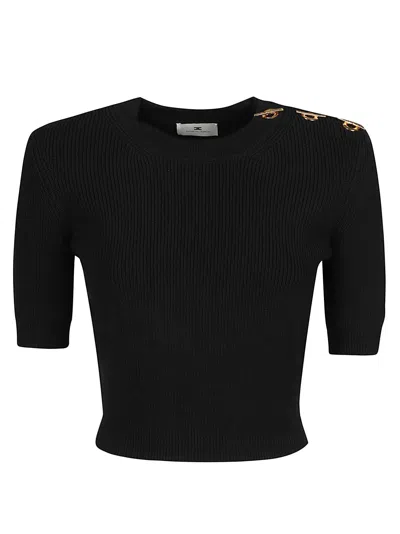 Elisabetta Franchi Fitted Cropped Sweater With Round Neckline And Gold-tone Embellishments In Black