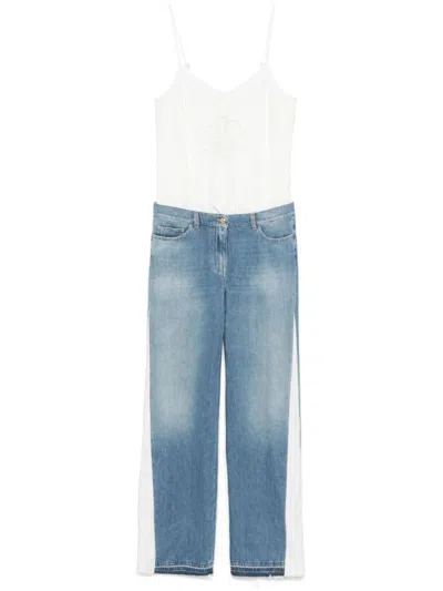 Elisabetta Franchi Fitted Denim Jumpsuit With Floral Embroidery In Blue