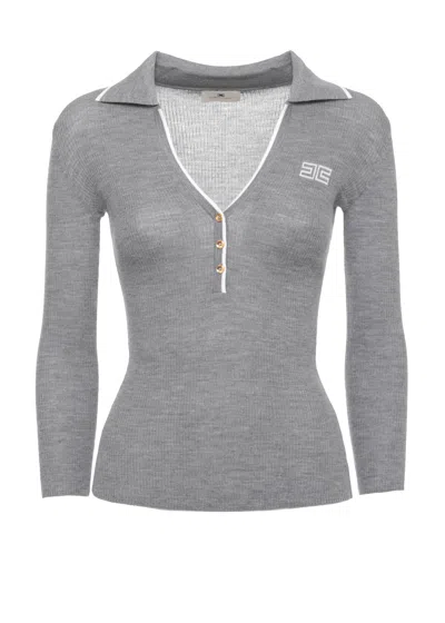 Elisabetta Franchi Fitted Grey Wool Sweater With Profile Collar And Gold Accents In Gray