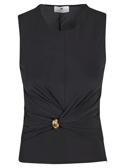 Elisabetta Franchi Fitted Jersey Top With Central Drape And Jeweled Tie In Black