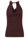 Elisabetta Franchi Fitted Knit Top With Deep Halterneck And Removable Snakeskin Necklace In Brown