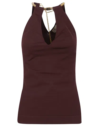 Elisabetta Franchi Fitted Knit Top With Deep Halterneck And Removable Snakeskin Necklace In Brown