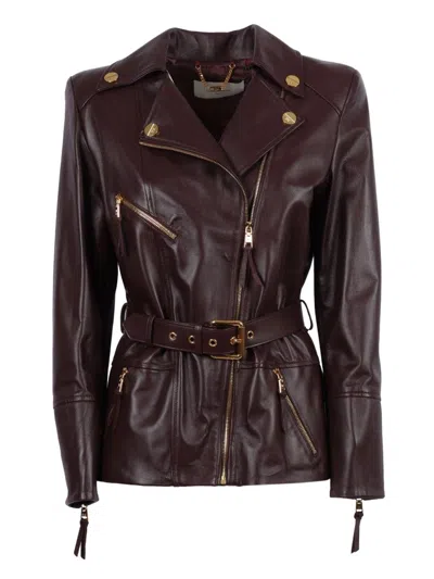 Elisabetta Franchi Fitted Leather Jacket With Belted Waist And Gold Hardware In Black