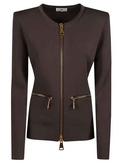 Elisabetta Franchi Fitted Long Sleeve Sweater With Full Zip Closure And Structured Shoulders In Brown