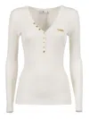 Elisabetta Franchi Fitted Long-sleeve Top With Deep V-neckline And Decorative Detail In White