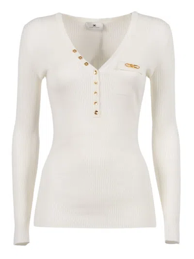 ELISABETTA FRANCHI FITTED LONG-SLEEVE TOP WITH DEEP V-NECKLINE AND DECORATIVE DETAIL