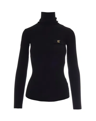 Elisabetta Franchi Fitted Long-sleeve Knit Top With Gold Logo Detail In Black