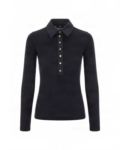 Elisabetta Franchi Fitted Long-sleeve Polo Top With Button Placket In Blue