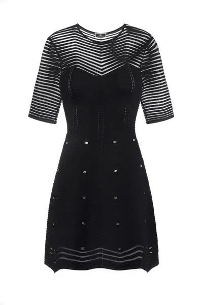 Elisabetta Franchi Fitted Mini Dress With Textured Design And Flared Hem In Black