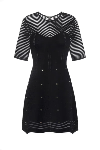 Elisabetta Franchi Fitted Mini Dress With Textured Design And Flared Hem In Black