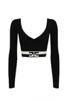 Elisabetta Franchi Fitted Multicolor V-neck Sweater With Contrasting Waist Band In Black