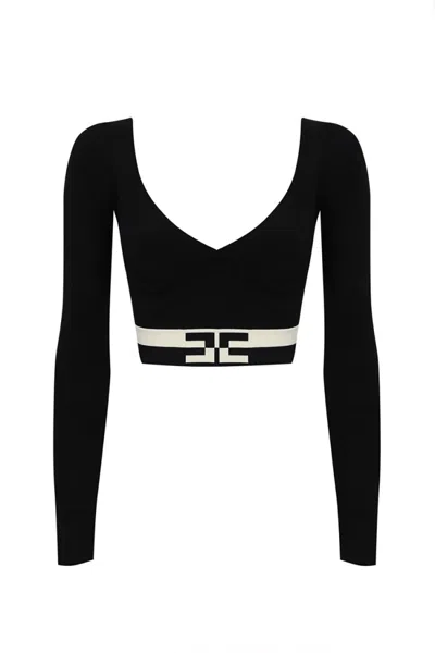 Elisabetta Franchi Fitted Multicolor V-neck Sweater With Contrasting Waist Band In Black
