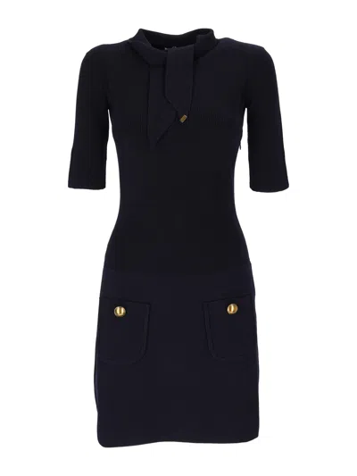 Elisabetta Franchi Fitted Ribbed Knit Mini Dress With Nektie Detail In Black