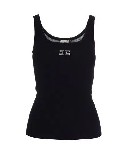 Elisabetta Franchi Fitted Ribbed Knit Tank Top With Tubular Edging In Black