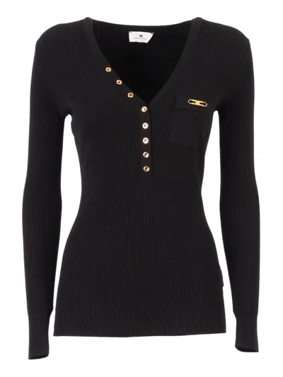 ELISABETTA FRANCHI FITTED RIBBED KNIT TOP WITH DEEP V-NECKLINE