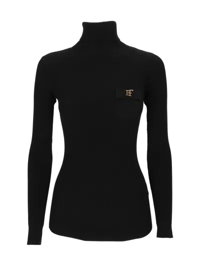 Elisabetta Franchi Fitted Ribbed Knit Top With High Turtleneck In Black