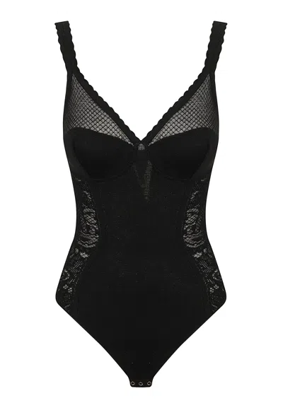 Elisabetta Franchi Fitted Sheer Mesh Lace Insert Knit Bodysuit In Black