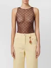 Elisabetta Franchi Bodysuit In Jacquard Tulle Fabric With Diamonds In Brown