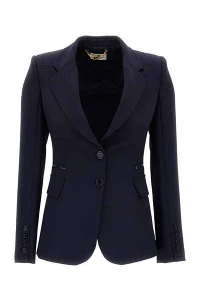 Elisabetta Franchi Fitted Single-breasted Blazer With Monogram Lining In Blue