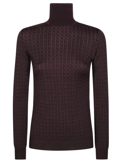Elisabetta Franchi Fitted Turtleneck Sweater With Textured Pattern In Brown