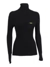 Elisabetta Franchi Fitted Turtleneck Top With Ribbed Texture And Gold Accents In Black