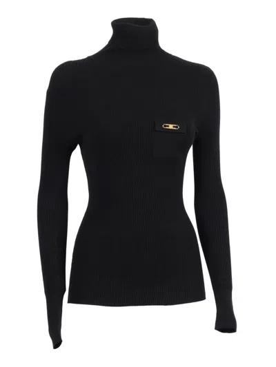 ELISABETTA FRANCHI FITTED TURTLENECK TOP WITH RIBBED TEXTURE AND GOLD ACCENTS