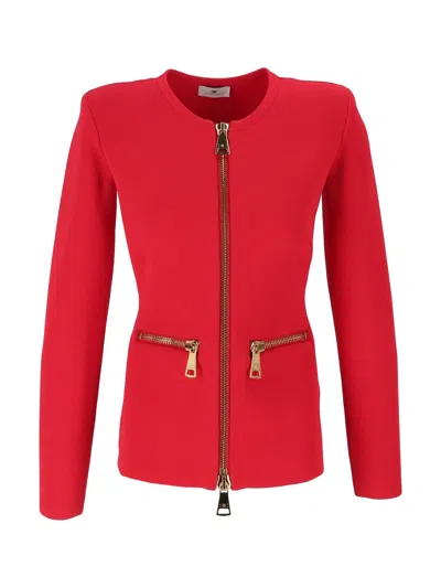 Elisabetta Franchi Fitted Zip-pocket Tricot Knit Top In Red